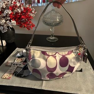 Coach❤️Purple & Cream and Gray Signature Mini Pouchette Bag with Gray Strap
